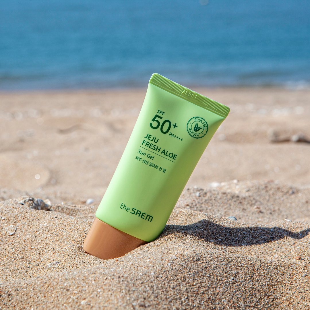 The Saem Jeju Fresh Aloe Sun Gel on the beach